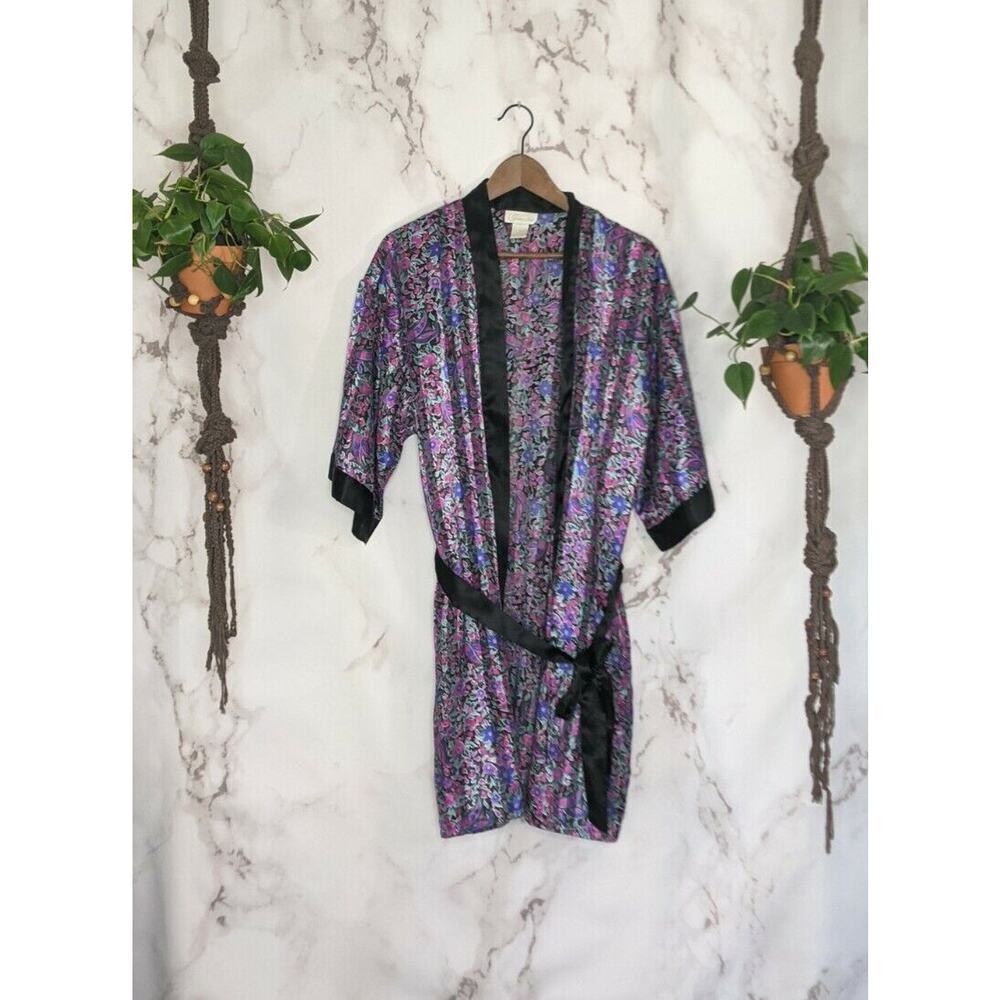 Vintage Robe Women Large 90s 80s Lingerie Satin Floral Purple Black Inner Most